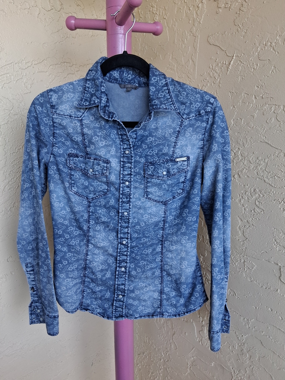 Guess Light Blue Floral Denim-Effect Button Down Shirt